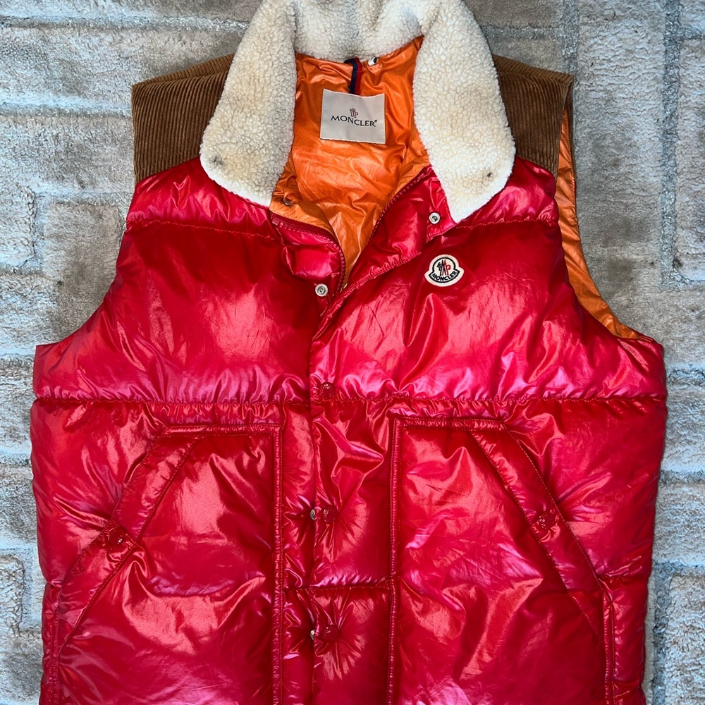 Moncler Red Puffer Vest with Shearling Collar